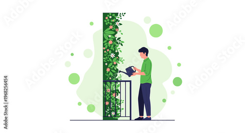 Man watering vertical garden with flowers and leaves, eco-friendly urban farming concept.