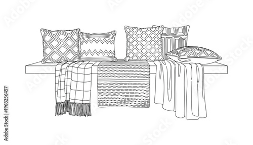 Fabrics for Decor. Minimalistic one-line drawing collection of decorative textiles arranged on shelf, continuous single black line on white background, simple