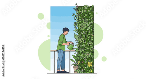 Man Watering Vertical Garden on Balcony