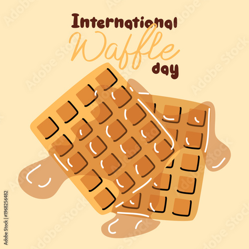 Flat illustration of square golden waffles with dripping syrup for International Waffle Day celebration. Tasty breakfast greeting card or event poster design. Isolated on yellow background