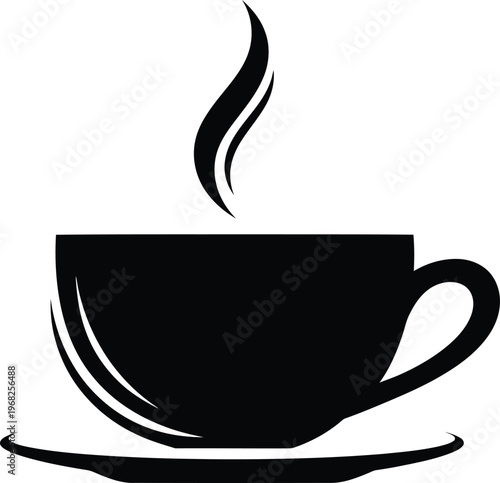 Silhouette hot coffee cup with rising steam and saucer vector illustration