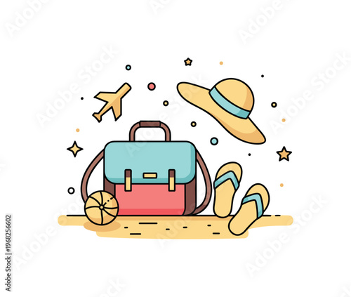Travel beach vacation concept where a traveler?s bag, sunhat, and sandals lie on the sand while tiny sparkle and star icons highlight relaxation, adventure,