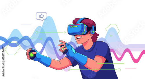 Man wearing VR headset and gloves playing virtual reality game, futuristic technology concept