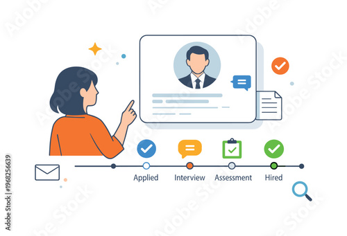 Hiring workflow overview represented by a recruiter interacting with a digital candidate profile and simple progress indicators, conveying organization,
