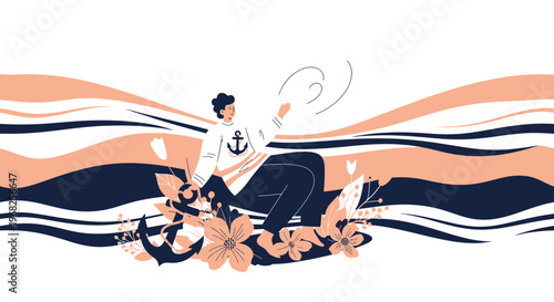 Man with Anchor on Floral Raft, Nautical Theme, Abstract Waves