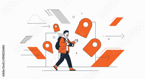 Man with Backpack Walking Among Location Pins and Geometric Shapes