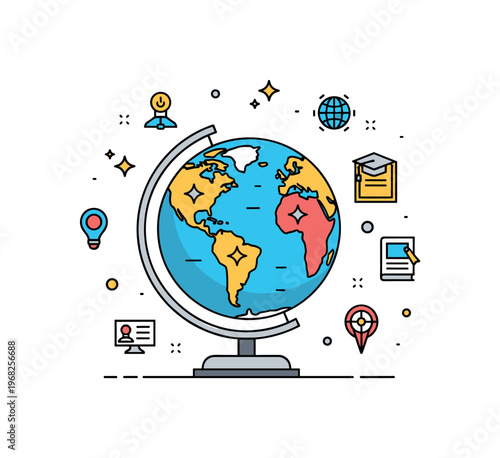 Earth globe educational scene where a 3D globe rests on a stand with continents and oceans highlighted while small sparkle and line icons emphasize