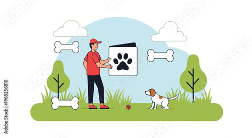 Man with Dog and Paw Print Icon in Park - Pet Care, Animal Lovers, Vector Illustration