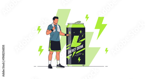 Man with Energy Drink Can, Lightning Bolts, Fitness and Refreshment Concept