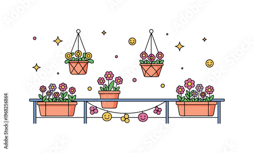Spring flowers balcony floral display scene where hanging pots and planters bloom with seasonal flowers while tiny sparkle and star icons highlight decoration,
