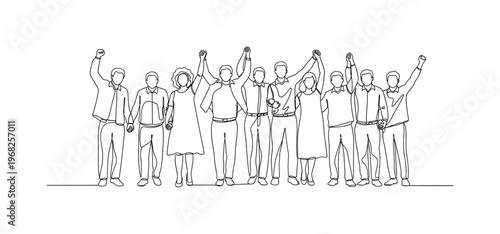 Civil Rights Achievement. Minimalistic one-line drawing group of people standing together celebrating victory, continuous single black line on white