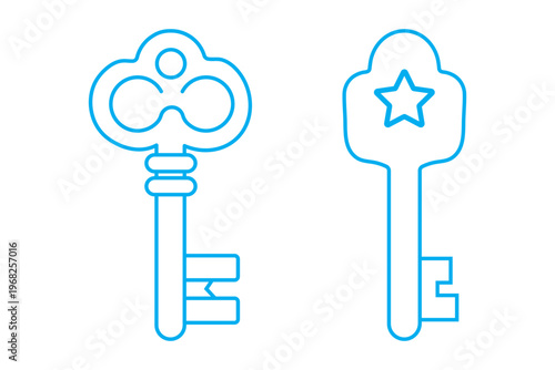 Master Key Icon Set Decorative Skeleton Key Vector Outline Illustration for Security Access Control, Premium Unlock, Admin Privilege, Password and Privacy Concept Minimal Design. Key icon with outline