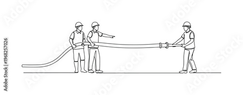 Pump Operation Team. Minimalistic one-line drawing workers guiding concrete hose for placement, continuous single black line on white background, simple