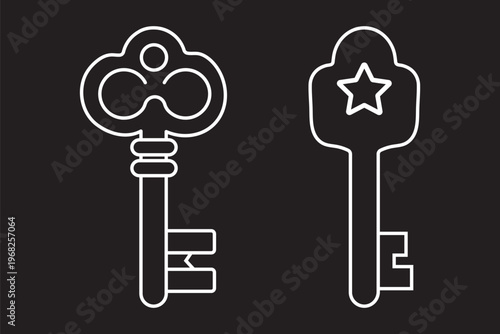 Master Key Icon Set Decorative Skeleton Key Vector Outline Illustration for Security Access Control, Premium Unlock, Admin Privilege, Password and Privacy Concept Minimal Design. Key icon with outline