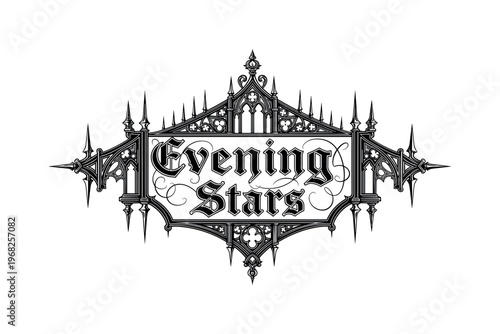 Evening Stars. lettering and all elements in black. Vector style. AWhite background. Pure white background. Perfect isolation and visual consistency.
