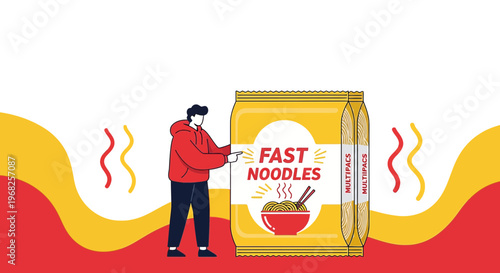 Man with Instant Noodles Package, Fast Food, Asian Cuisine, Quick Meal