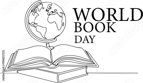 Black and white World Book Day globe book vector illustration for reading celebration and global knowledge design