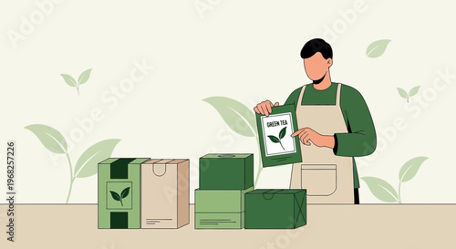 Man with Packaging Boxes and Seed Packet, Eco-Friendly Business Concept