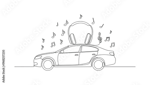 Road Trip Vibes. Minimalistic one-line drawing car with headphones and musical notes surrounding, continuous single black line on white background, simple