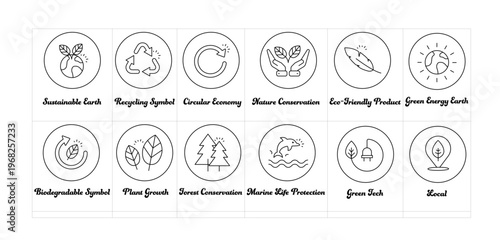 Sustainability Eco Friendly Recycling Nature Conservation Green Energy Forest Marine Life Editable Stroke Line Icons Set. Editable Stroke Icons.