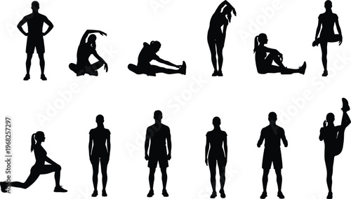 Fitness stretching and warm up silhouettes set with men and women performing exercises isolated vector illustration for workout training routine concepts