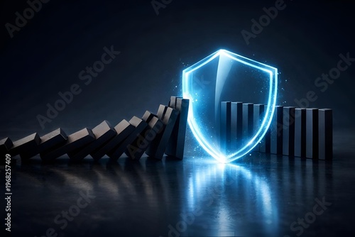 Falling domino chain stopped by glowing protective shield symbolizing risk management, data protection, cyber security, threat prevention, insurance and business continuity