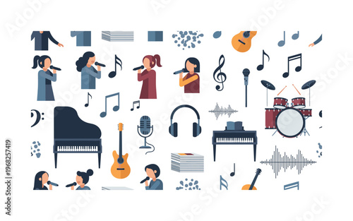 musical expression patterns seamless pattern, repeating pattern, surface design, textile print, modern illustration of singers, musical notes, instruments,