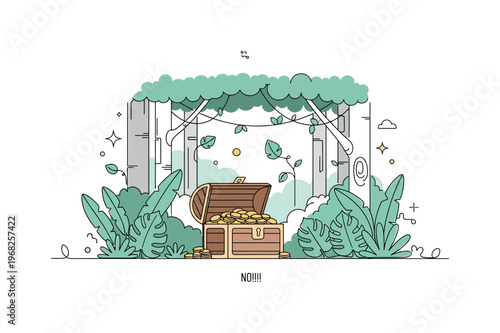 Valuable Loot. Minimalistic one-line drawing treasure chest partially open with coins spilling out, continuous single black line on white background, simple