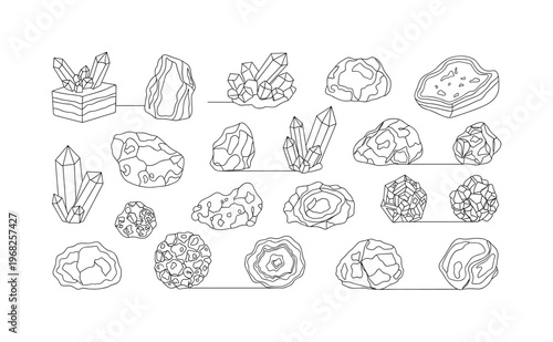 Geology Study. Minimalistic one-line drawing collection of rocks and minerals for study, continuous single black line on white background, simple outline