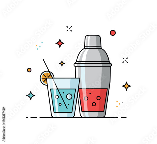 Cocktail cocktail shaker concept where a glass and shaker sit ready for mixing while tiny sparkle and star icons highlight preparation, flair, and celebration.