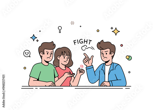 Fight between friends disagreement at home concept where friends gesticulate while standing in a room with furniture around while tiny sparkle and star icons