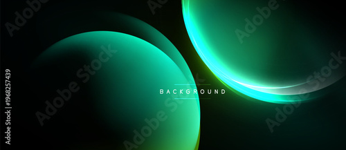 Abstract design features overlapping teal shapes, glowing lines. Dark background enhances vibrant color contrast, modern aesthetic.