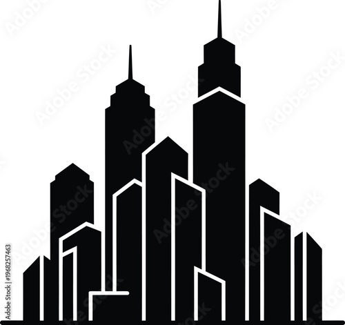 Silhouette modern city skyline with tall skyscrapers and urban buildings vector illustration