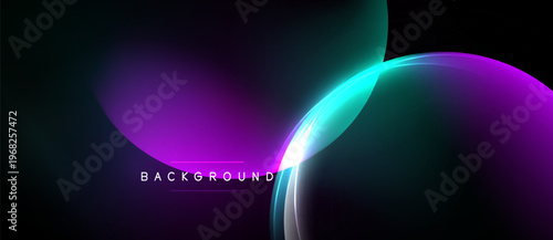 Abstract background features overlapping colorful shapes. Gradient transitions create dynamic visual effect. Dark space emphasizes vibrant hues.