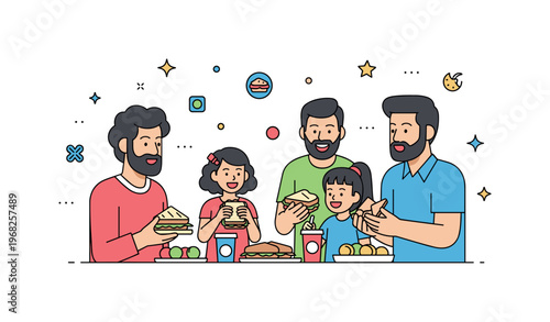 Backyard picnic family gathering concept where adults and children share sandwiches and snacks while tiny sparkle and star icons highlight joy, togetherness,