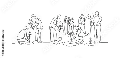 Tree Planting Activity. Minimalistic one-line drawing people placing trees in prepared soil outdoors, continuous single black line on white background, simple