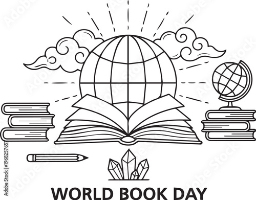 Black and white World Book Day globe book vector illustration for reading celebration and global knowledge design