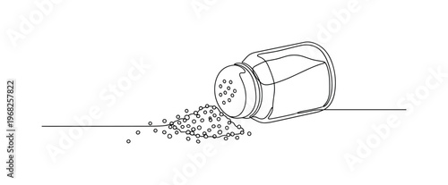 Messy Salt. Minimalistic one-line drawing scattered grains and overturned shaker, continuous single black line on white background, simple outline style, no