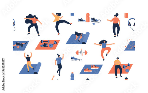 cardio fitness motifs seamless pattern, repeating pattern, surface design, textile print, modern illustration of people dancing, gym mats, sneakers, water