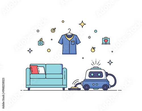 Robot cleaning robot concept where a small robot vacuums a room while tiny sparkle and star icons highlight smart home technology, convenience, and modern