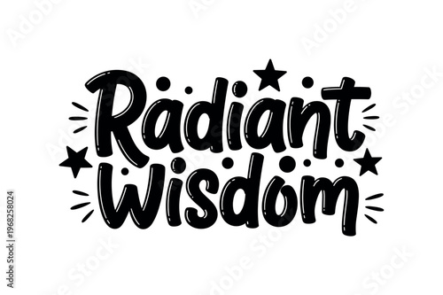 Radiant Wisdom. lettering and all elements in black. Vector style. AWhite background. Pure white background. Perfect isolation and visual consistency. Funky