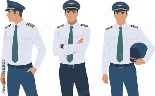 Vector illustration of professional pilots in uniform with caps, epaulettes, ties, and helmets, standing in different poses aviation crew set