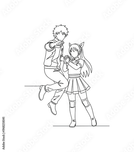 Couple Pose Anime. Minimalistic one-line drawing pair in dynamic cosplay stance, continuous single black line on white background, simple outline style, no