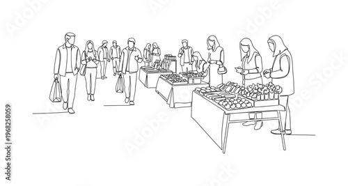 City Market Walk. Minimalistic one-line drawing pedestrians strolling and checking street vendor tables, continuous single black line on white background,