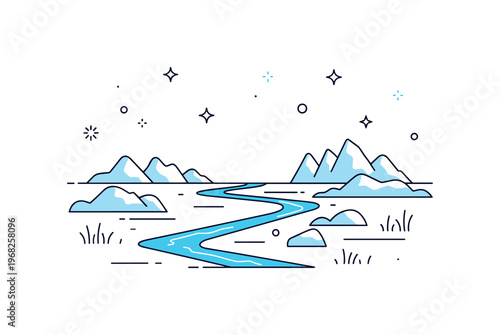 Siberia remote river scene where frozen waterways stretch across the landscape while small sparkle and line icons emphasize isolation, natural beauty, and
