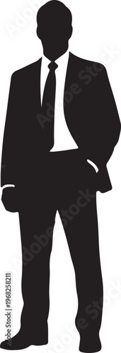 Striking black silhouette of a confident professional businessman in a tailored suit and tie, standing formally, representing corporate power, leadership, and success in a modern business environment