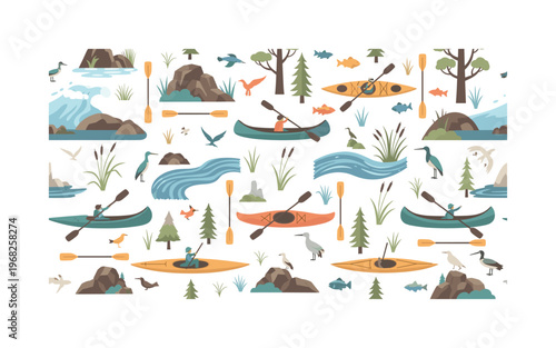 paddle sports motifs seamless pattern, repeating pattern, surface design, textile print, modern illustration of kayaks, canoes, paddles, rivers, lakes,
