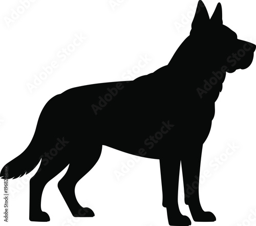 Black silhouette of German Shepherd dog standing in profile view, strong build with erect ears and bushy tail, minimalist design