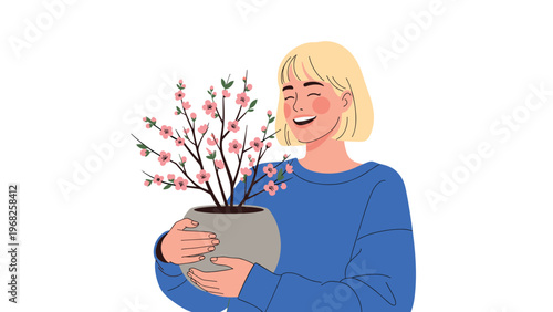 Cheerful young woman with blonde hair holding a grey pot with a blossoming pink flower plant in a flat vector illustration.