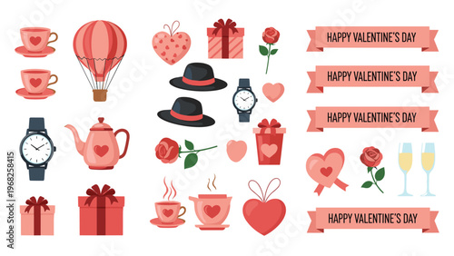 Comprehensive set of valentine day themed icons and elements including tea cups gifts balloons hearts and banners for design.